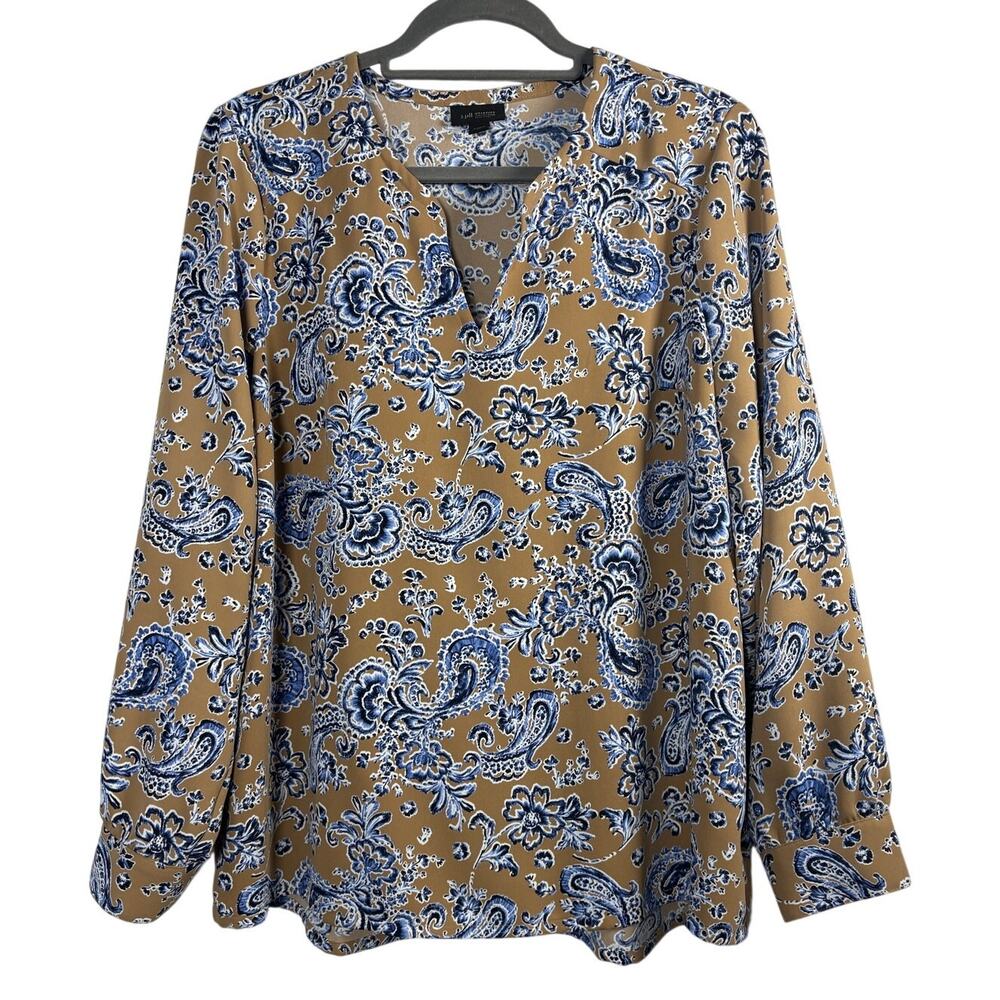 J Jill Wearever Paisley Floral V Neck Blouse Tan Blue Long Sleeve Tunic Top M